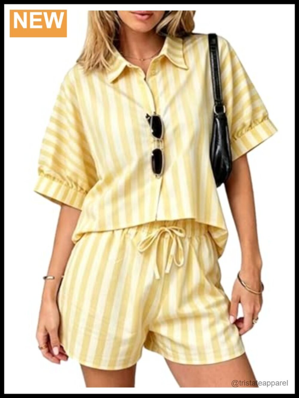 Striped Lounge Set Short Sleeve Top Drawstring Shorts Women 2 Piece Cotton